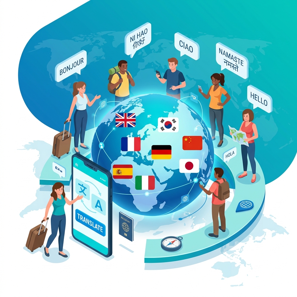Global communication illustration with flags and people greeting in multiple languages